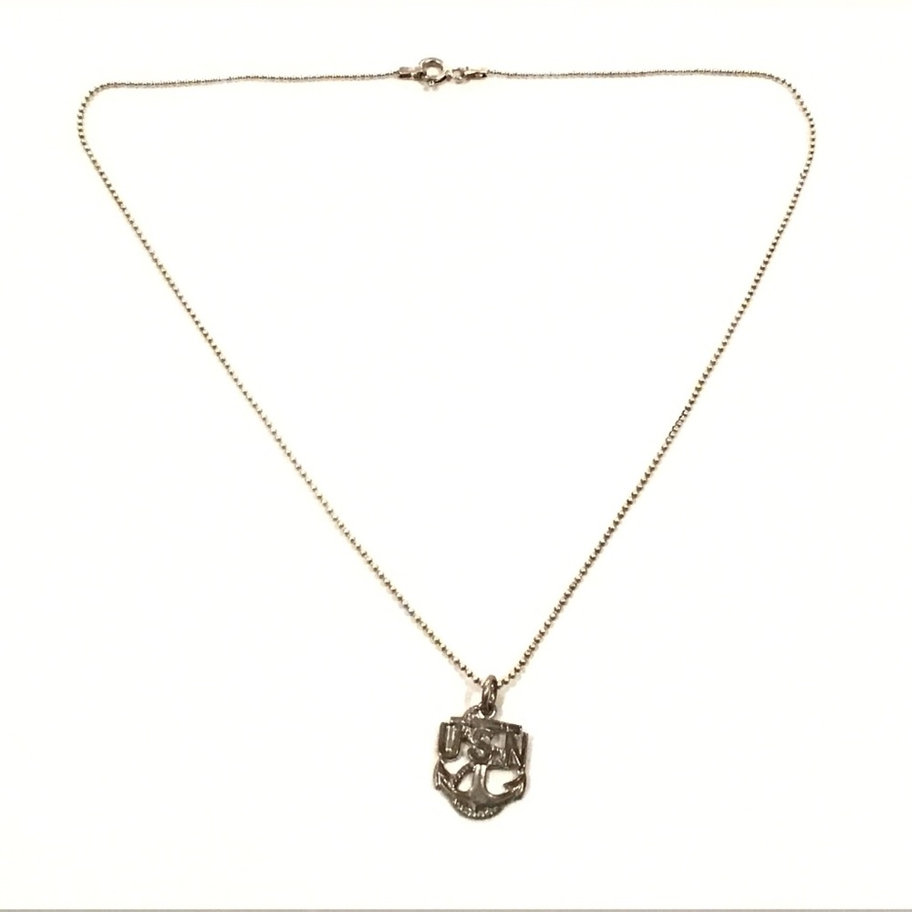Vintage Sterling Silver US Navy Anchor Pendant Dot Chain Necklace 16" Long
